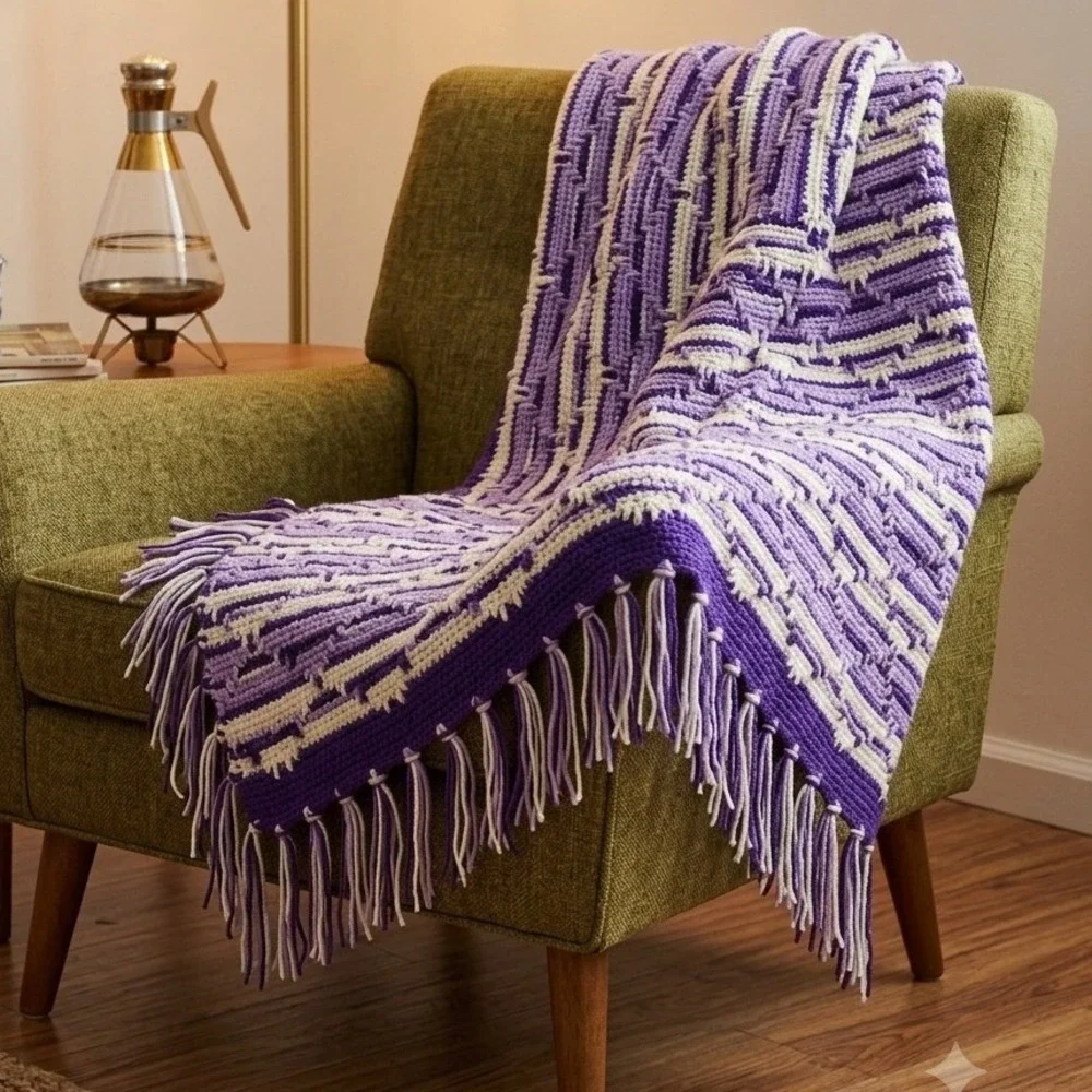Handmade Crochet Purple Mosaic Afghan Throw Blanket Geometric 55x67 Cottagecore